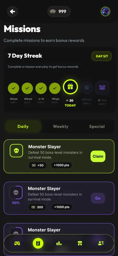 Missions screen